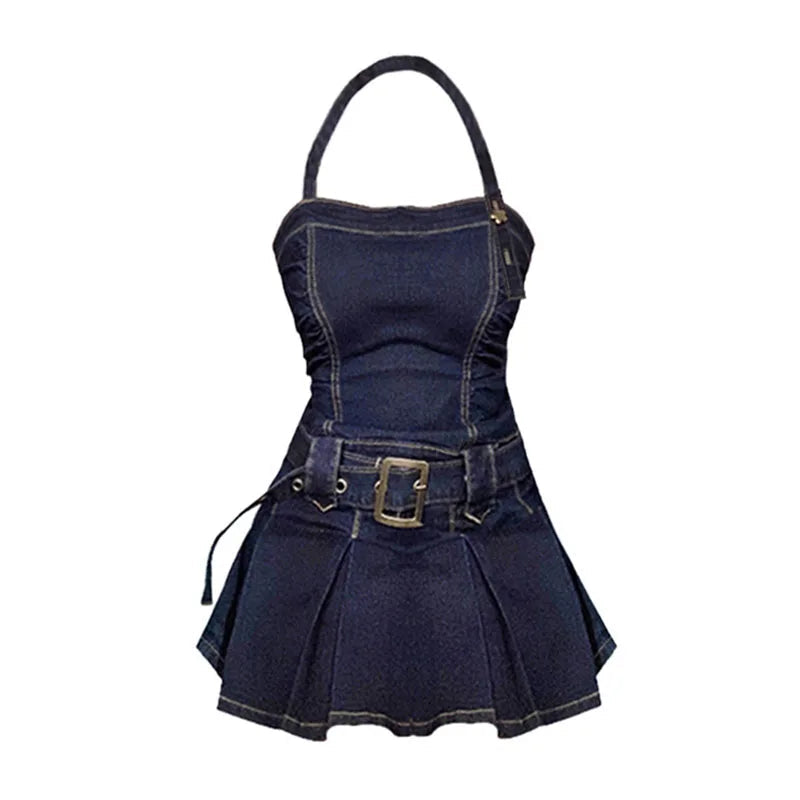 Aiertu Women Denim Mini Dress Off Shoulder Halter Neck Sleeveless Suspender Dress Summer Y2k Vintage Party Elegant Ladies A-line Frocks Aiertu