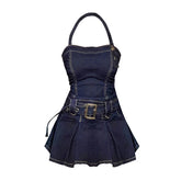 Aiertu Women Denim Mini Dress Off Shoulder Halter Neck Sleeveless Suspender Dress Summer Y2k Vintage Party Elegant Ladies A-line Frocks Aiertu