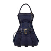 Aiertu Women Denim Mini Dress Off Shoulder Halter Neck Sleeveless Suspender Dress Summer Y2k Vintage Party Elegant Ladies A-line Frocks Aiertu