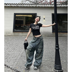 Aiertu Women's Y2k Blue Cargo Jeans Baggy 2000s Trashy Aesthetic Streetwear Oversize Denim Trousers Harajuku Jean Pants Vintage Clothes Aiertu