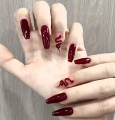 Aiertu 24pcs New Year Fake Nails Long Ballet Nails French Vintage Style Wine Red False Nail Press on Nails Waterproof Faux Fingernails aiertu