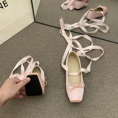 Aiertu NEW Classic Silk Ballet Shoes Lace Up Ballet Shoes Women Square Toe Bowtie and Rose Flower Women Flats Elegant Valentine Shoes Aiertu