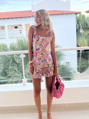 AIERTU - Floral Print Mini Dress For Women Ruffle Strap Square Neck Open Back Tie Bow Ruffle Hem Skirt Lady's Dating Vacation Frock Aiertu