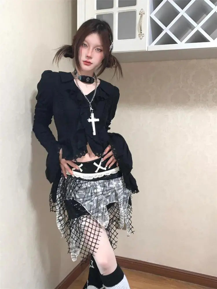 Aiertu V-neck Black Gothic Blouses Women Lace Irregular Long Sleeve Korean Fashion Slim Ladies Shirt Chic Tops Y2k Blousa Aiertu