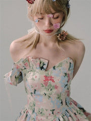 Aiertu French Design Floral Strapless Dress Women Summer New Holiday Casual Y2k Dress Female Fashion Slimming Irregular Mini Dress 2024 Aiertu