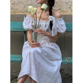 AIERTU - Retro Korean Style U-Neck Bubble Sleeve White Dress Women's Summer New Waist Cinched Maxi Freshwater Pearl Dress Aiertu
