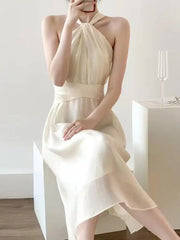 Aiertu Woman Beach Vacation Dress Sleeveless Sexy Halter Solid Korean Fashion Summer New Elegant Midi Sexy Club Dresses French Backless Aiertu