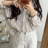 Aiertu Vintage Striped Shirt Women Fashion Elegant Long Sleeve Turn Down Collar Loose Tops Korean Office Ladies Thin Chic Casual Blouse Aiertu
