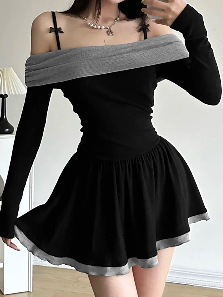 Aiertu Elegant Fashion Contrast Color Patchwork A-Line Dress Slim Slash Neck Long Sleeve Mini Dresses For Women Autumn Aiertu