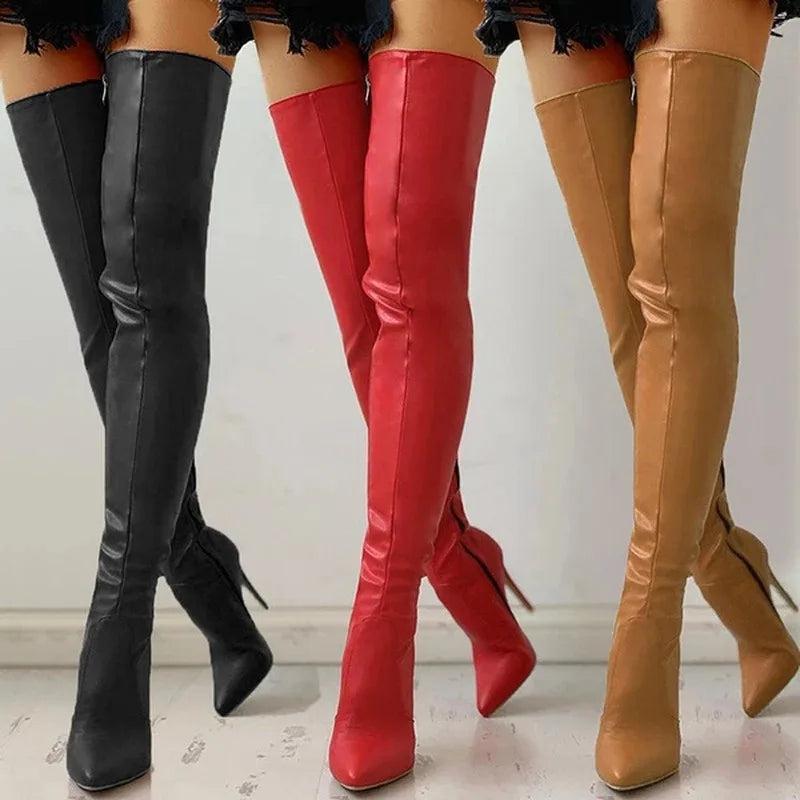 Autumn/Winter Women's Boots Pointed Side Zipper Slim High Heels Large Over Knee Boots Women's Boots Platform Boots Womens Shoes Aiertu