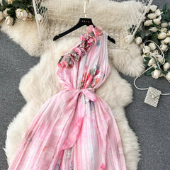 Aiertu Chic Fashion Women Summer Floral Print Ruffles Skew Collar Off Shoulder Dresses Slim Elegant Pleated Vestidos Mujer Aiertu