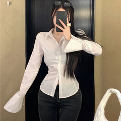 Fashion Women Bandage Shirts Korean All Match Streetwear Female Slim Blouse Spring Casual White Bell Sleeve Shirt New Aiertu