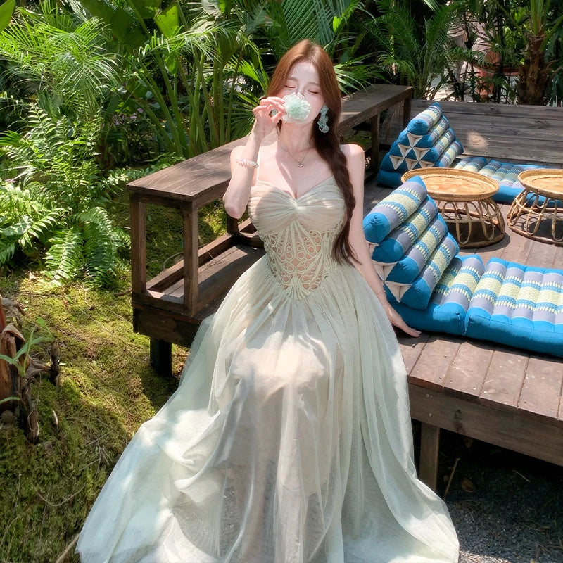 AIERTU - Summer French Elegant Fashion Holiday Dress Women's Mesh Patchwork Backless Spaghetti Strap Dress Design Beach Party Long Dress Aiertu