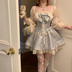 Aiertu Princess Dress Women Party Y2k Bandage Blue Cosplay Costumes Japanese Puff Sleeve Ribbon Square Neck Bowknot Mini Dress Aiertu