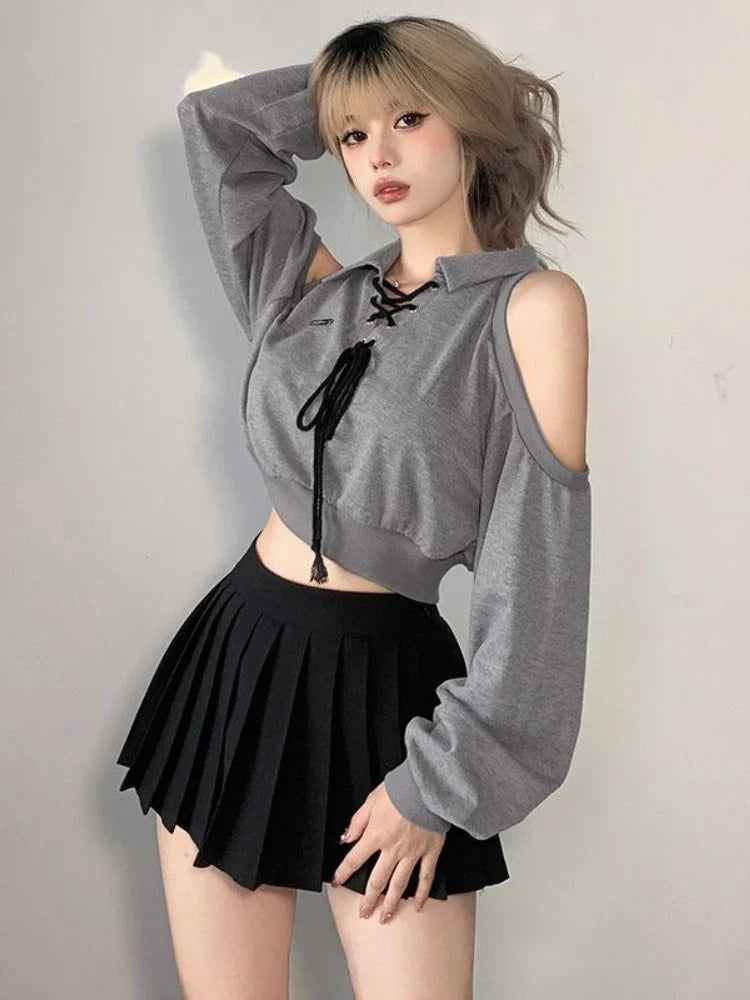 Aiertu Y2K Vintage Gray Cropped Hoodies Women Harajuku Sexy Off Shoulder Sweatshirts Korean Loose Casual Chic Tops Gothic Kpop Aiertu