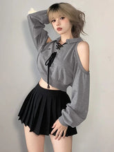 Aiertu Y2K Vintage Gray Cropped Hoodies Women Harajuku Sexy Off Shoulder Sweatshirts Korean Loose Casual Chic Tops Gothic Kpop Aiertu