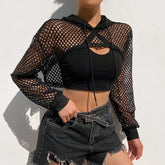 Aiertu Street Style Fishnet Holes T Shirt See Through Hollow Out Hooded Full Sleeve Crop Top Women Casual Loose Shirt Smock Fall Aiertu