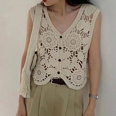 Aiertu Sheer Crochet Top Embroidery Lace Blouse Cardigan Sleeveless Open-knit Crop Tops for Women Spring Summer Boho Vacation Outfit Aiertu