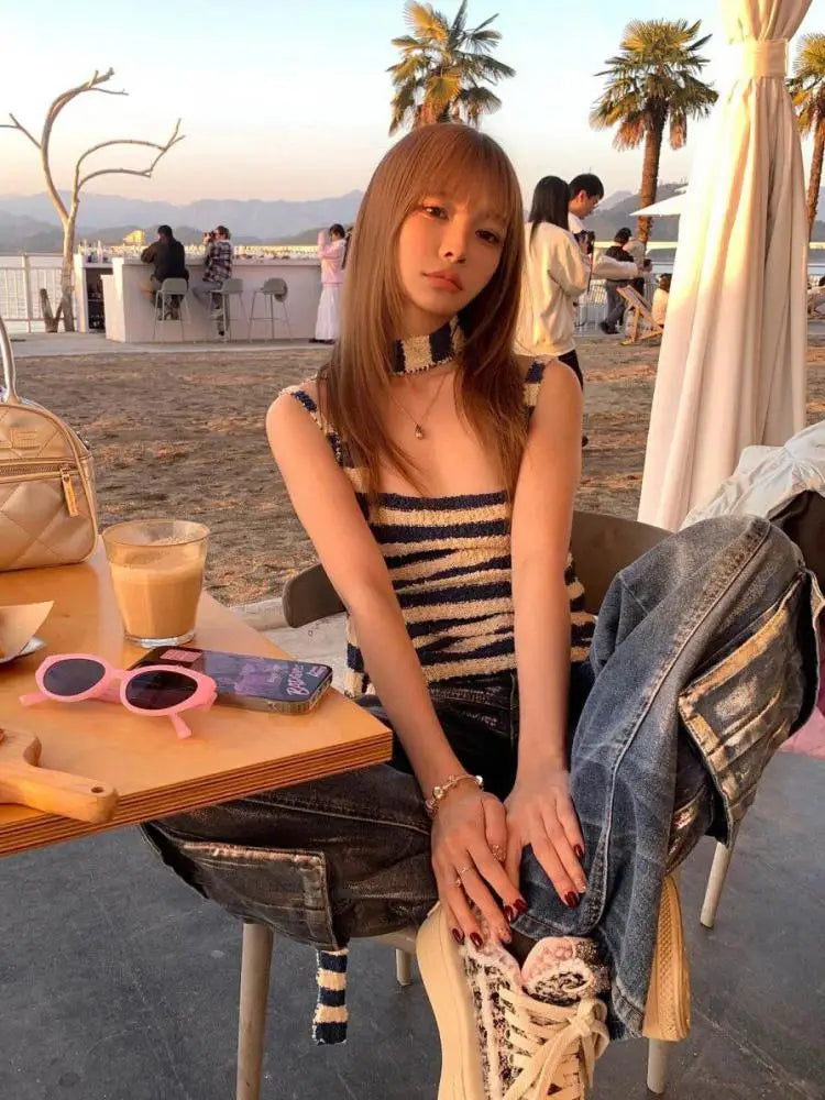 Aiertu Harajuku Striped Camisole Women Sleeveless Korean Fashion Streetwear Knitted Tank Tops With Tie Summer Tops Halter Tops Aiertu