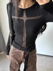 Aiertu Gothic Hollow Out Sexy Women T Shirt Long Sleeve Slim Y2k Grunge Aesthetic Tshirts Spring Ladies Tops Tee Shirt Femme Aiertu