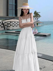 Aiertu Women Sleeveless Slip Long Dress New Summer Elegant Boho Holiday Beach Dress Solid V-neck Pleated Bandage Dresses Backless Aiertu