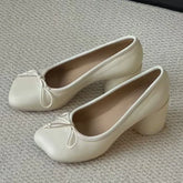 AIERTU - Bowknot Chunky Heel Mary Jane Shoes Women Round Heel Leather Shallow Women Pumps Fashion Heels for Women Brand Ballet Shoes