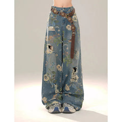Aiertu Women Y2k Low Rise Graphic Print Ripped Jeans Baggy Harajuku 90s Aesthetic Denim Trousers Vintage 2000s Style Jean Pants Aiertu