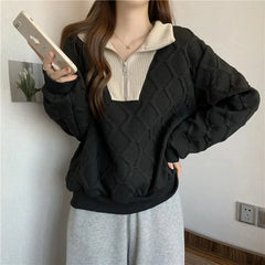 Aiertu Women Contrast Color Casual Streetwear Half Zipper Chic Sweatshirts New Autumn Winter Trendy Y2K Long Sleeve Loose Pullover Tops Aiertu