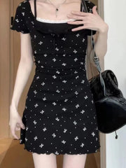 Aiertu Y2k Coquette Sweet Kawaii Bow Print Lace Mini Dress Women 2024 Spring Summer Fashion Japanese Harajuku Short Dresses Aiertu