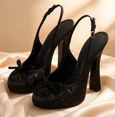 AIERTU - Dusty Pink Satin Round-Toe Platform Pumps Ruched Vamp Mini Bow Accent Chunky Heel Retro Style High-Fashion Daily Looks Aiertu