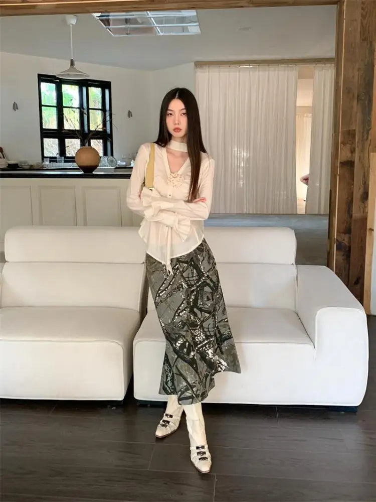Aiertu Fairycore Style V-neck Shirt Women Long Sleeve Casual Chic Autumn Korean Fashion Blouses Women Elegant Ladies Tops Aiertu