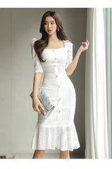 Aiertu Summer New 2-piece Square Collar Double-breasted Top +Fashion Cutout Lace Fishtail Skirt Casual Women Suit Skirt Aiertu