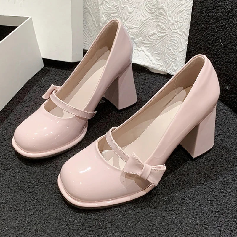 Aiertu Sweet Bowknot High Heels Mary Janes Women Cute Round Toe Patent Leather Pumps Woman Slip-On Square Heeled Bow Party Shoes Ladies Aiertu