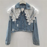 AIERTU - Lace Patchwork Denim Jackets Women Spring Autumn Korean Fashion Vintage Jaqueta Feminina Sweet Elegant Outwears Aiertu