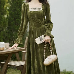 Aiertu Elegant Vintage Velvet Midi Dress Women Lace Patchwork Slim Korean Fairy Dress Female 2024 Spring Fashion Casual Party Dress Y2k Aiertu