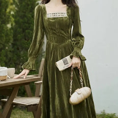 Aiertu Elegant Vintage Velvet Midi Dress Women Lace Patchwork Slim Korean Fairy Dress Female 2024 Spring Fashion Casual Party Dress Y2k Aiertu