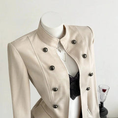 AIERTU - Y2k American Vintage Cropped Jackets Women Double Breasted Solid Outerwear Stand Collar Slim Fit Waist Elegant Chaquetas Aiertu
