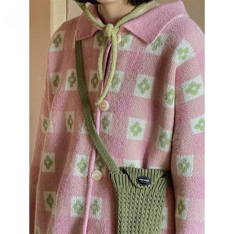Aiertu Fashion Pink Retro Sweater Cardigan for Women Autumn and Winter Loose Lazy Style Wool Knitted Jacket for Women Aiertu