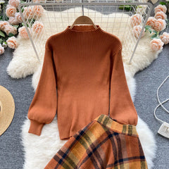 Aiertu Women Retro Sweater Suits Fashion Lantern Sleeve Sheath Knitted Top+Elastic Loose Long Skirt Two Pieces Sets Aiertu