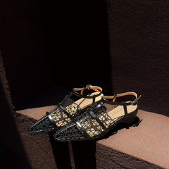 AIERTU - Summer New Vintage Hollow Woven Low Heel Sandals Women Elegant Pointed Toe Block Heel Strap Casual Shoes Aiertu