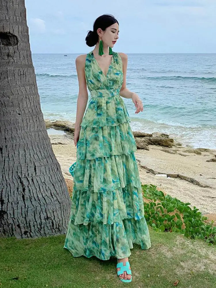 Aiertu Summer Green Tie Dye Sleeveless Halter Bandage Holiday Dress Women Temperament Slim Fashion Sweet Cake Long Dress 2023 Bohemian Aiertu