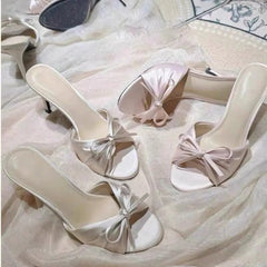 AIERTU - Women's Satin Bow Slippers Summer Open Toe Women Stiletto Heel Sandals Elegant Party Wedding Ladies Dress Shoes Non-slip Aiertu