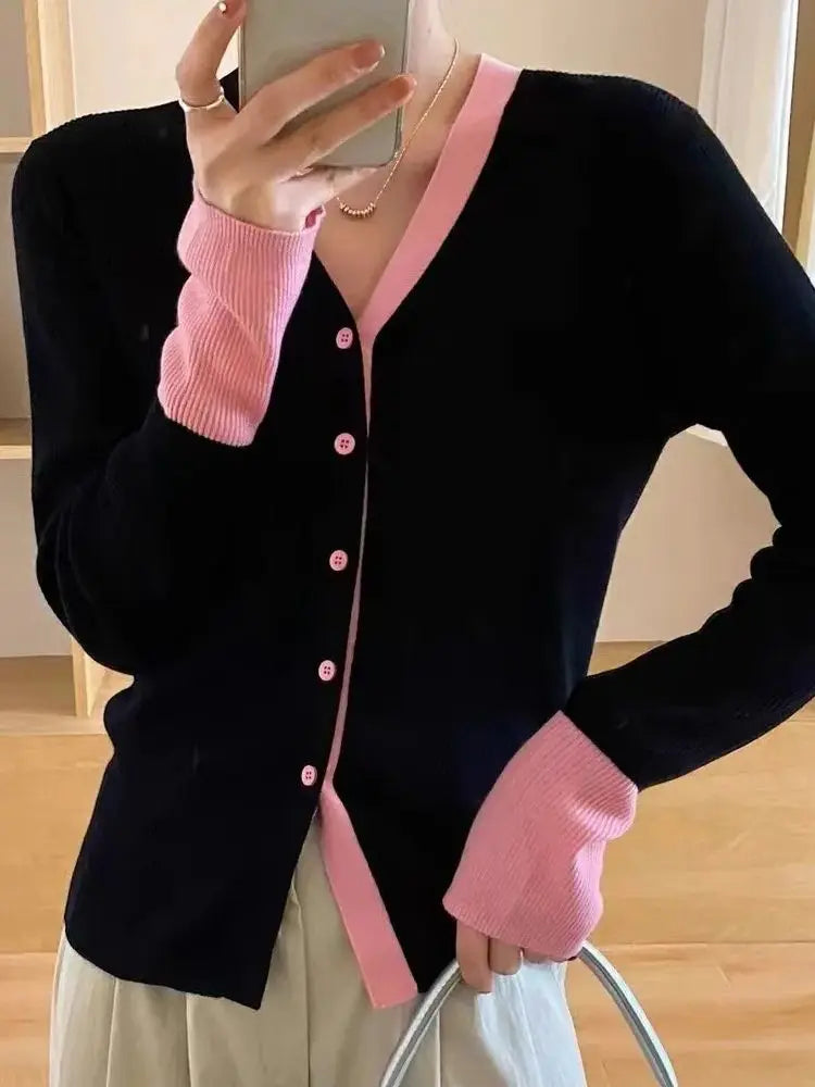 Aiertu Autumn Knit Cardigan Girls Patchwork Long Sleeve Sweater Shirts Woman Contrast Color Knitted Tops Aiertu