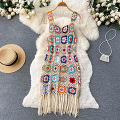 Aiertu Sunmmer Knitted Dress Hook Flower Hollow Out Tassel Women Slim Streetwear Original Design Fashion Vintage Dress Aiertu