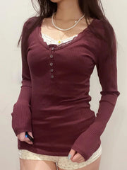 Aiertu American Retro Red Solid Slim Ribbed T-Shirt Women Button Up Lace Trim O Neck Long Sleeve Spring Auttumn Vintage Tees Aiertu