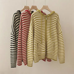 Aiertu Oversized Knitted Striped Hooded Cardigan Women Autumn Winter Loose Casual Zipper Sweaters Versatile Knitting Outerwear Aiertu