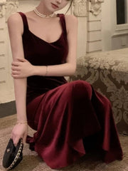 AIERTU - French Style Vintage Wine Red Camisole Long Dress Elegant Women Spring Autumn Solid Slim Mermaid Ladies Evening Party Robe New Aiertu