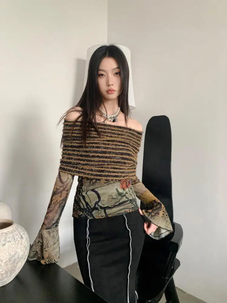 Aiertu Off Shoulder T Shirt Women Clothes Long Sleeve Indie Folk Flare Sleeve Mesh Tops Patchwork Knitted Tops Grunge Tees Y2k Aiertu