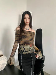 Aiertu Off Shoulder T Shirt Women Clothes Long Sleeve Indie Folk Flare Sleeve Mesh Tops Patchwork Knitted Tops Grunge Tees Y2k Aiertu