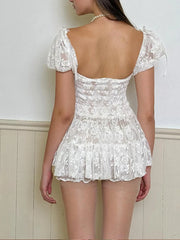 Aiertu 2024 Summer Lace Coquette Sexy Puff Sleeve Mini Dress Women Sweet Girls Retro Elegant Party Short Dresses Aiertu